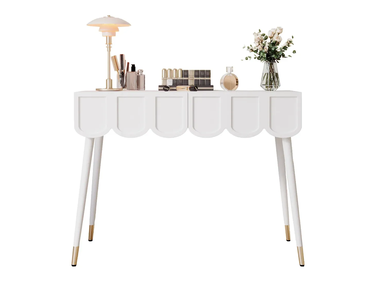 Mesa consola com 2 gavetas em forma de nuvem - Pés em metal - Branco e dourado