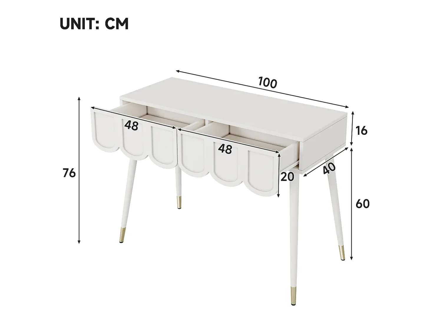 Mesa consola com 2 gavetas em forma de nuvem - Pés em metal - Branco e dourado