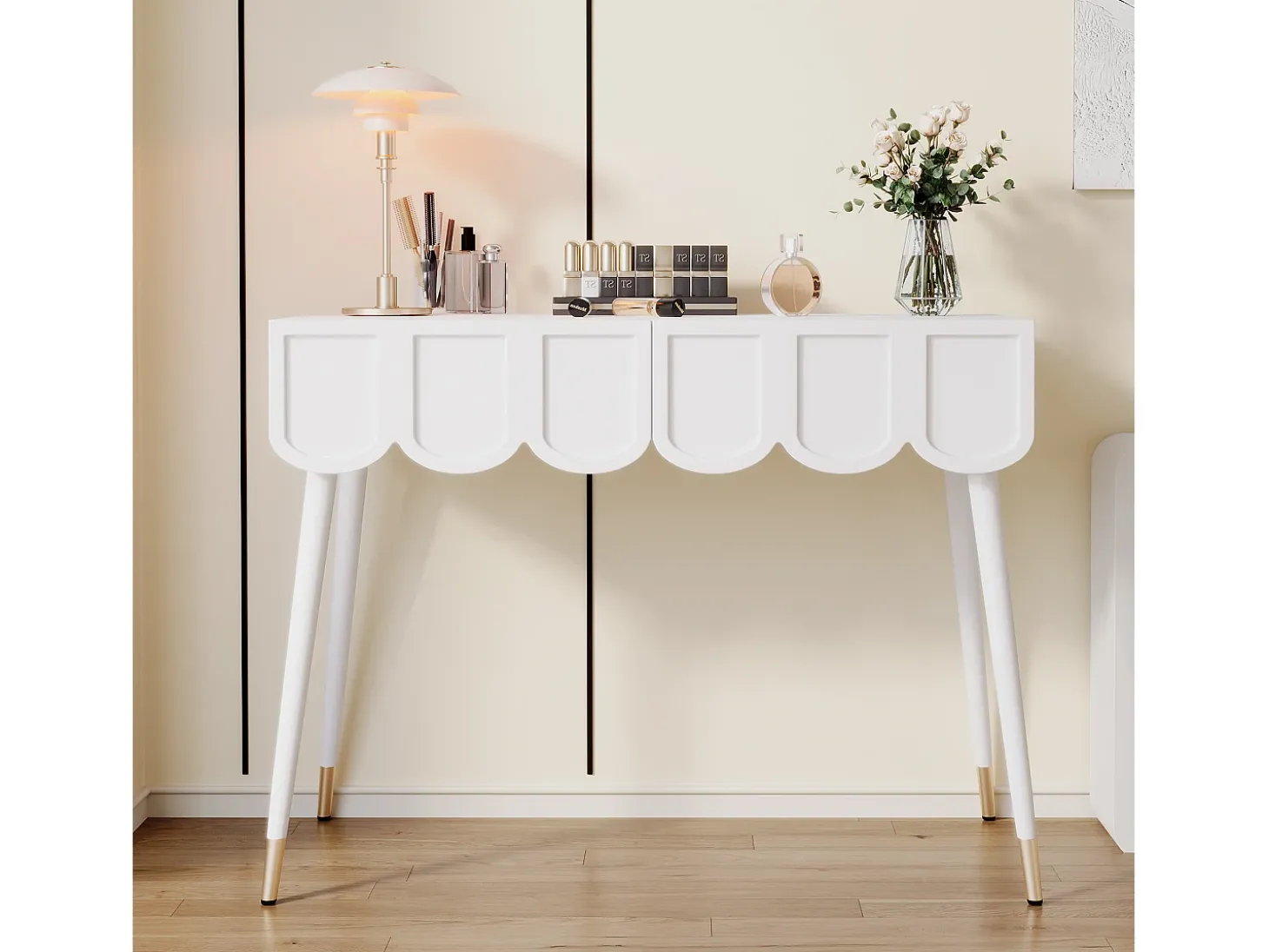 Mesa consola com 2 gavetas em forma de nuvem - Pés em metal - Branco e dourado
