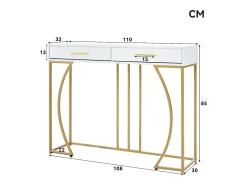 Mesa consola com 2 gavetas - Pés em metal dourado - Branco 110x32x85 cm