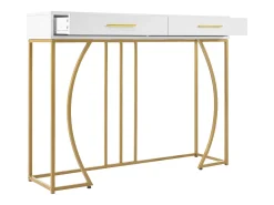Mesa consola com 2 gavetas - Pés em metal dourado - Branco 110x32x85 cm