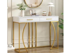 Mesa consola com 2 gavetas - Pés em metal dourado - Branco 110x32x85 cm