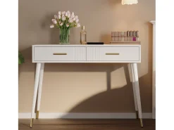 Mesa consola com 2 gavetas - Pés em metal - Branco e dourado