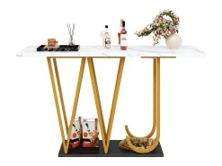 Mesa consola com pés em metal dourado - Tampo com efeito mármore 120 x 29,5 x 80 cm