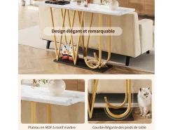 Mesa consola com pés em metal dourado - Tampo com efeito mármore 120 x 29,5 x 80 cm