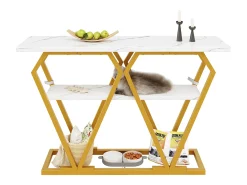 Mesa consola com tampo com efeito mármore - Pés em metal dourado - Branco