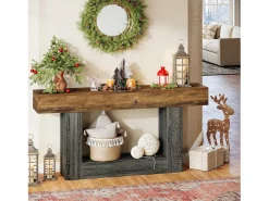 Mesa consola de 160 cm de comprimento, mesa de entrada de 2 níveis, mesa de sofá com arrumação, mesa de sofá de madeira de quinta para sala de estar, corredor