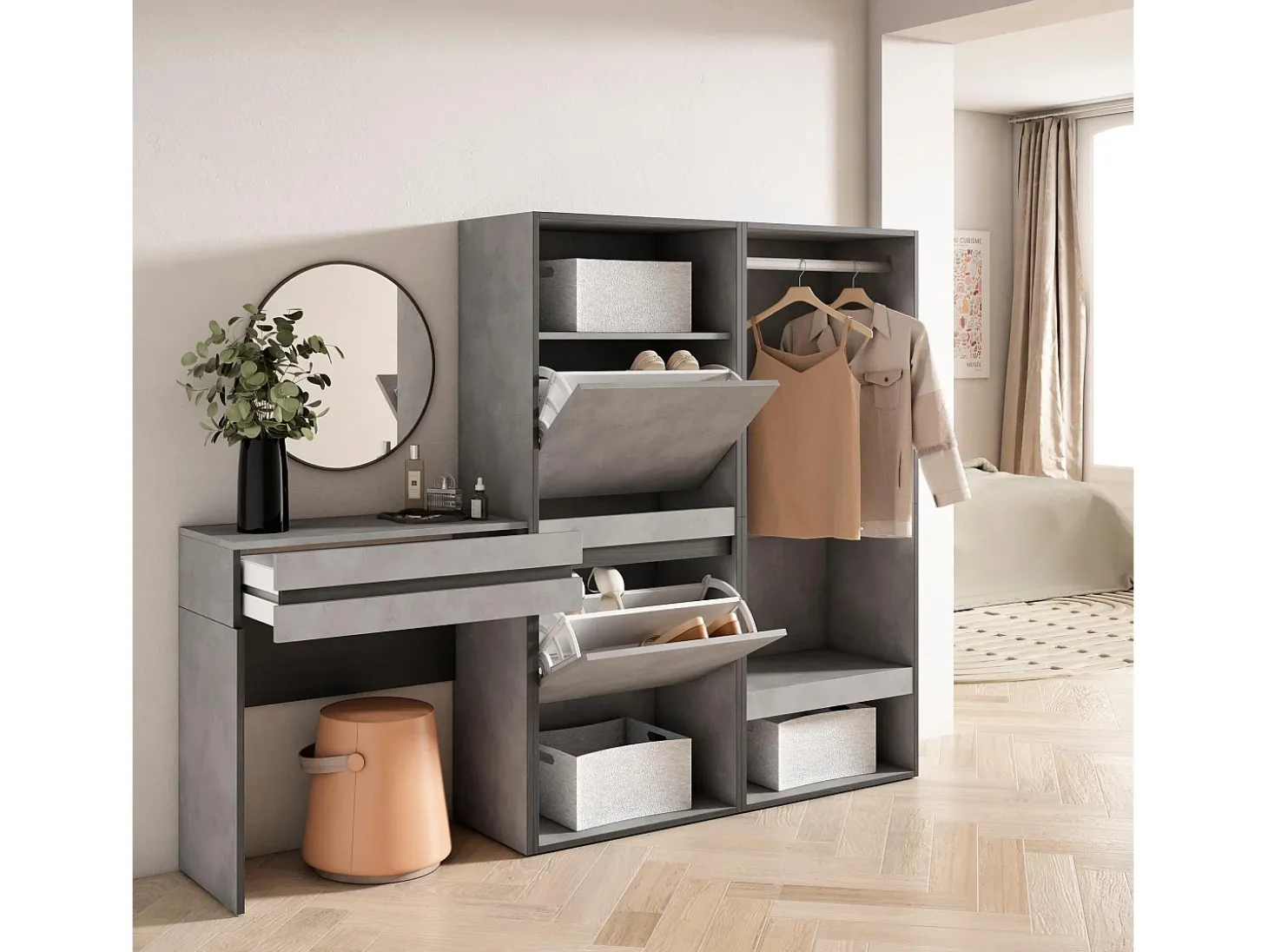 Mesa consola de entrada, 190x35x145cm, Com gaveta, Sapateira, Roupeiro aberto, Cimento