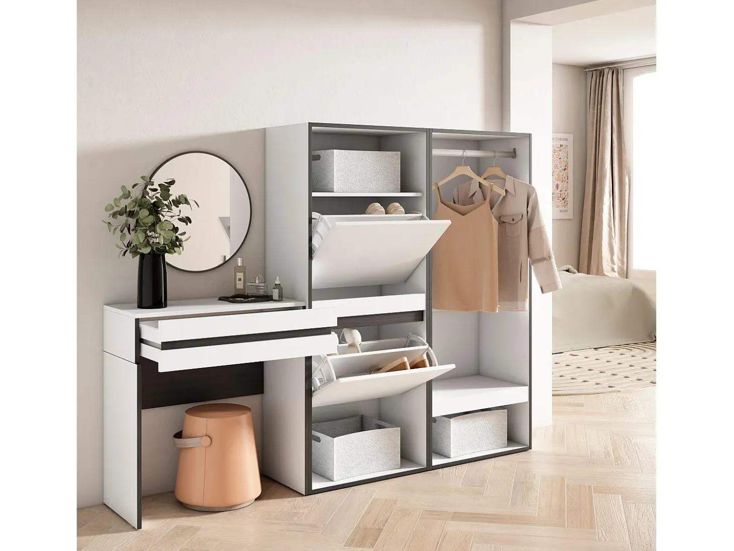 Mesa consola de entrada, 190x35x145cm, Com gaveta, Sapateira, Roupeiro aberto, Branco
