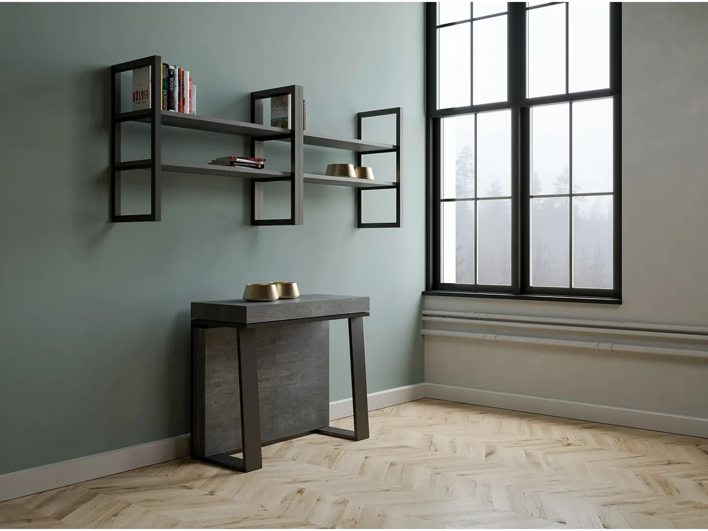 Mesa consola extensível 90x40/288 cm Asia Cimento quadro Antracite