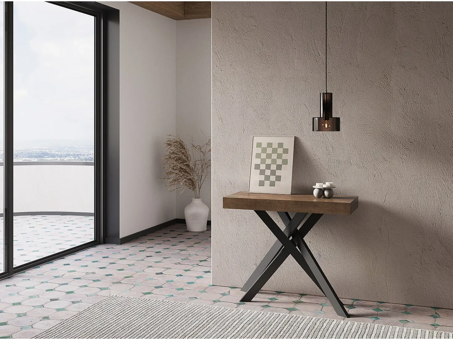 Mesa consola extensível 90x40/196 cm Krack Small nogueira pernas antracite