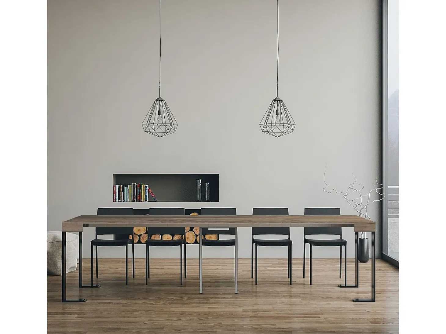 Mesa consola extensível 90x40/300 cm Tecno Carvalho Natural quadro Antracite
