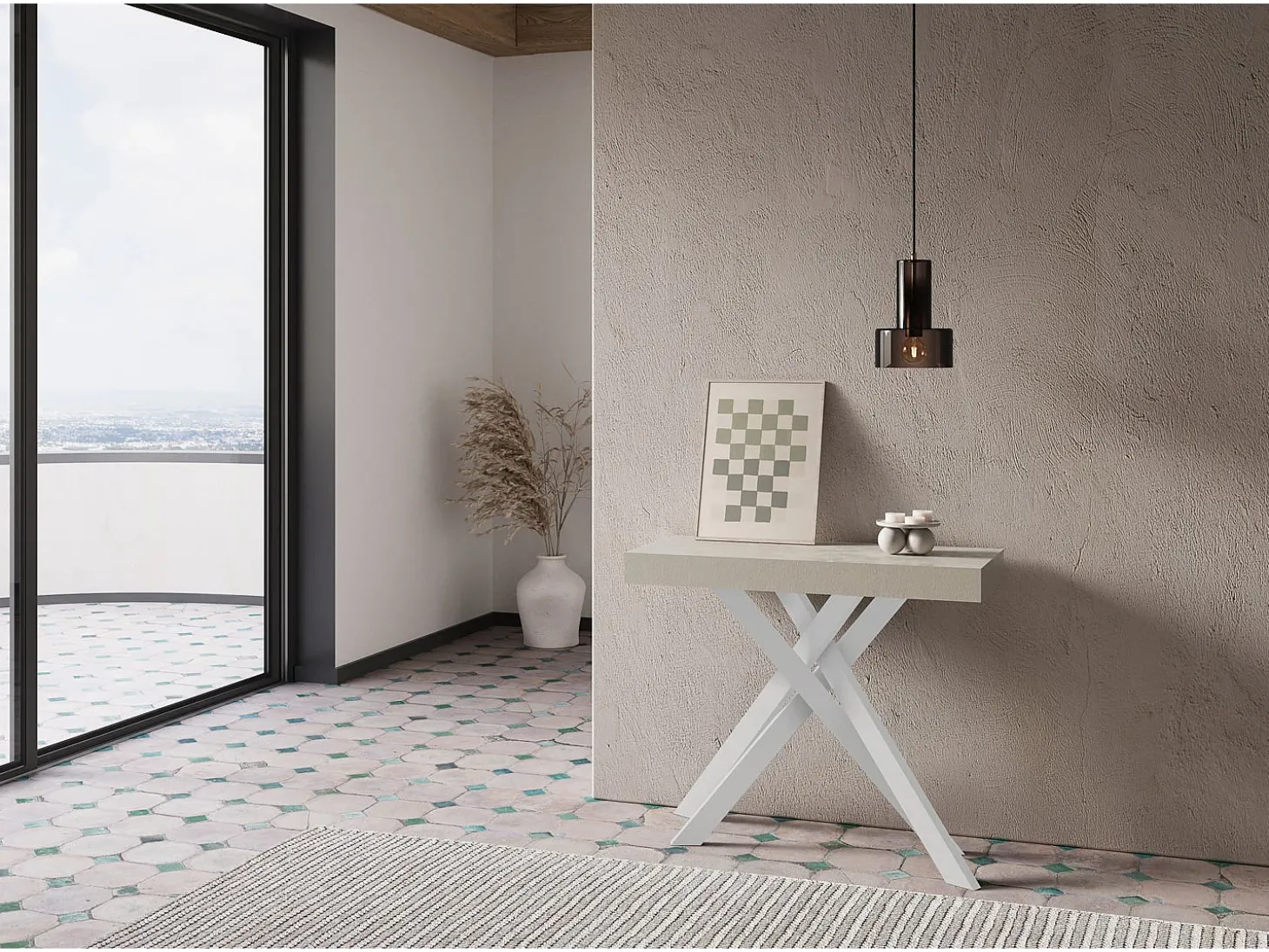 Mesa consola extensível 90x40/300 cm Krack caxemira pernas brancas