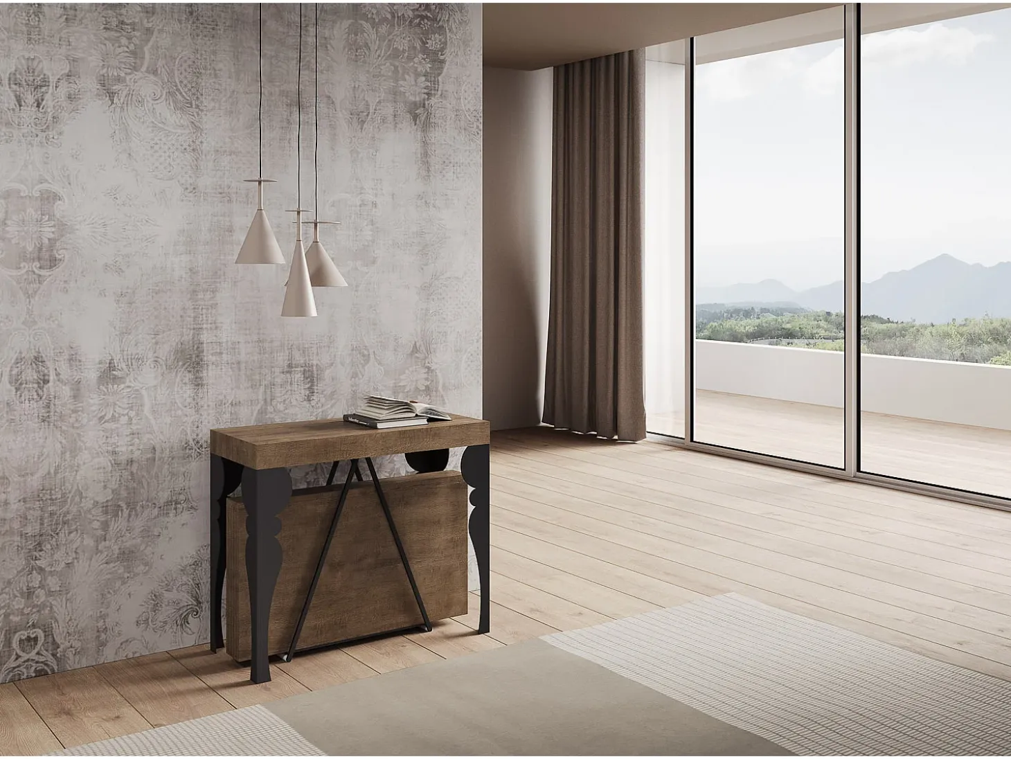 Mesa consola extensível 90x40/196 cm Riza Small nogueira quadro antracite