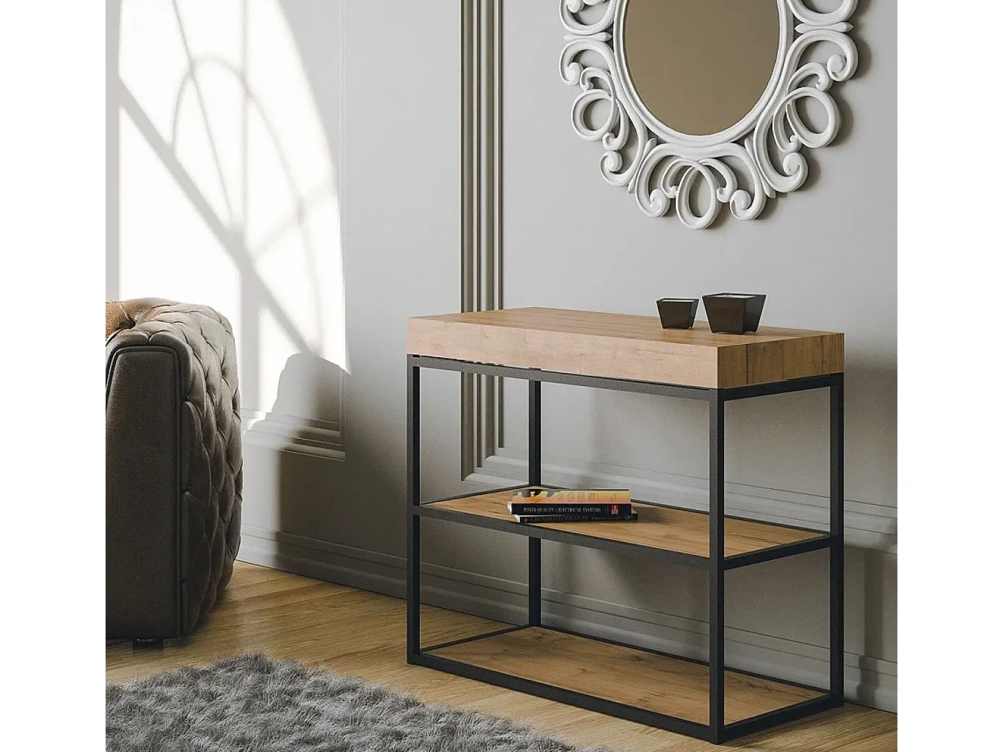 Mesa consola extensível 90x40/196 cm Plano Small Carvalho Natural quadro Antracite