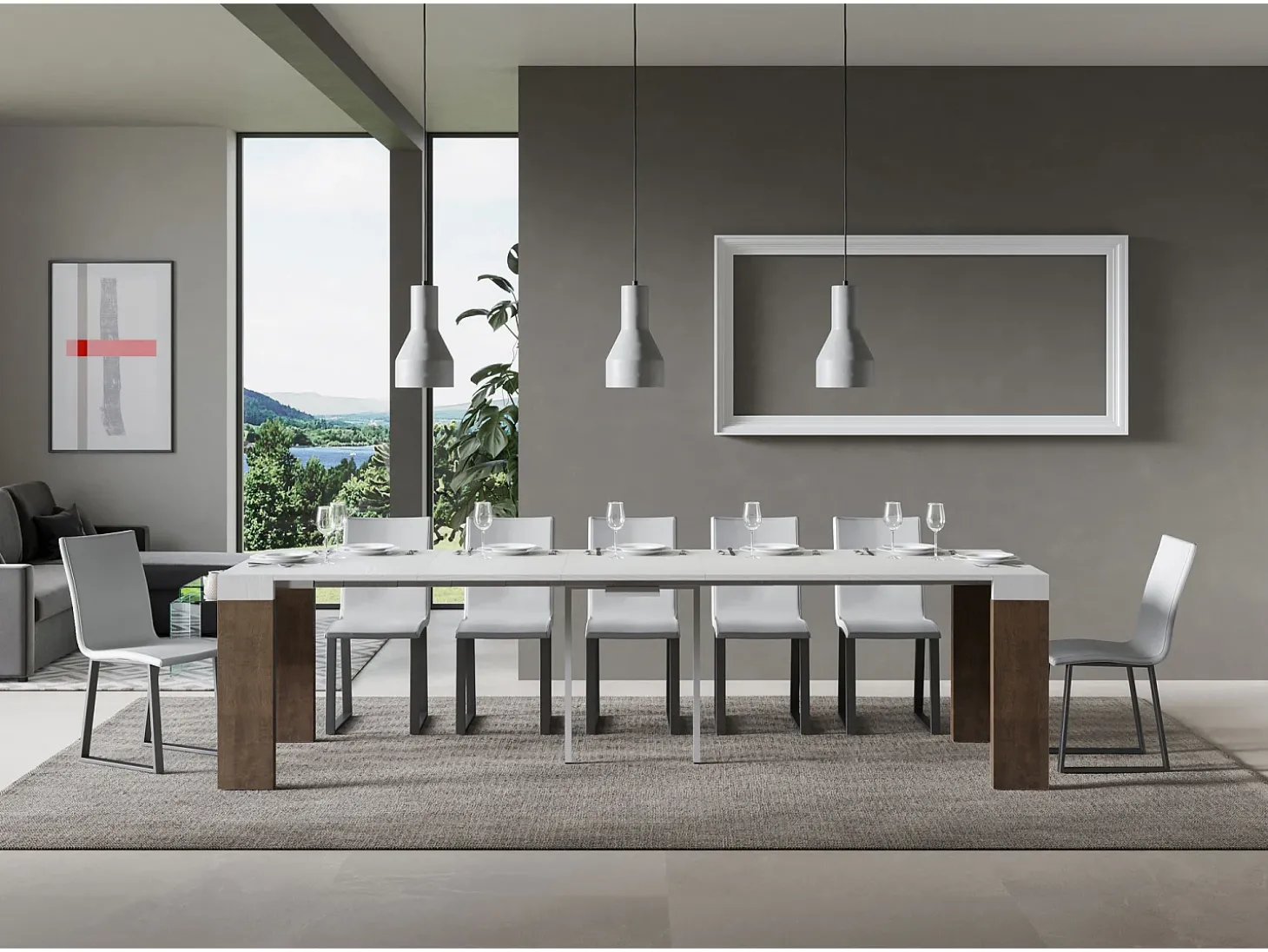 Mesa consola extensível 90x40/300 cm Roxell Mix plano Cinza Branca - estrutura Nogueira