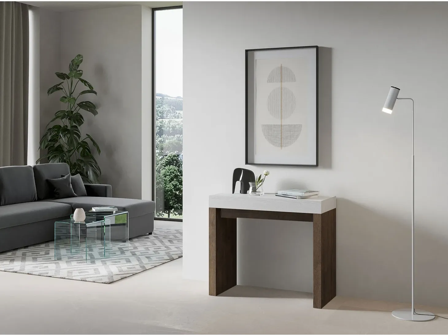 Mesa consola extensível 90x40/300 cm Roxell Mix plano Cinza Branca - estrutura Nogueira