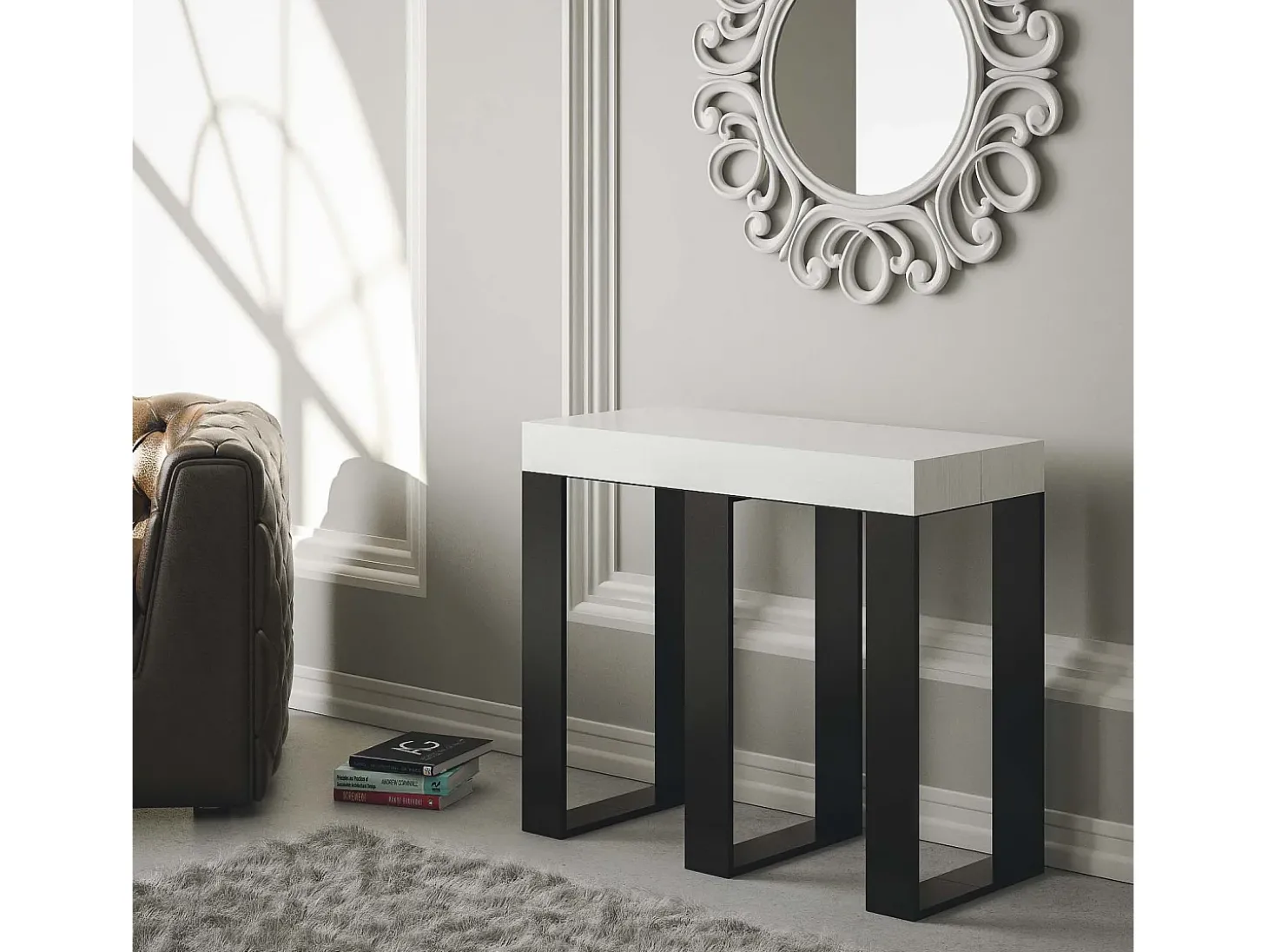 Mesa consola extensível 90x40/300 cm Sintesi Cinza Branca quadro Antracite