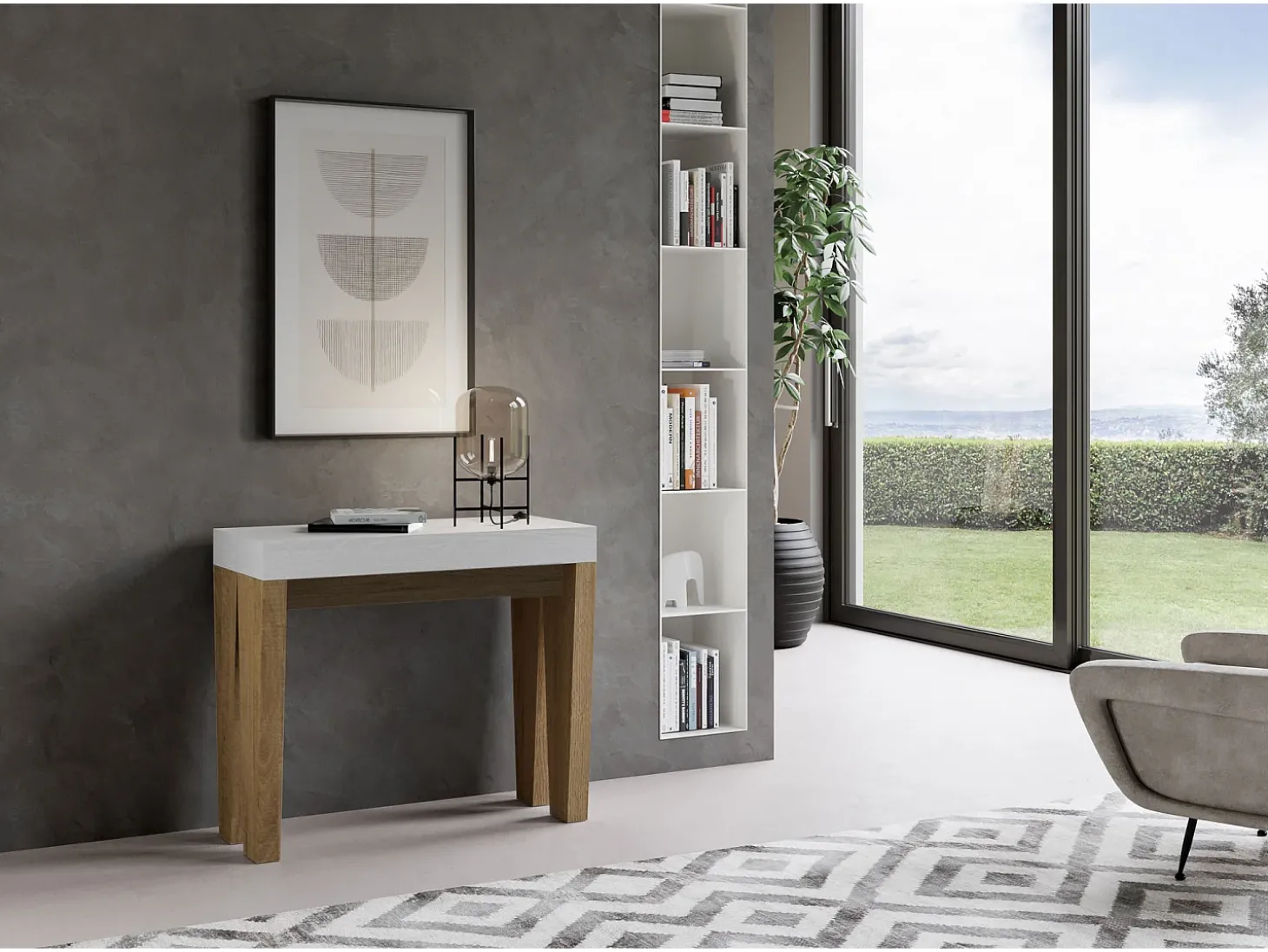 Mesa consola extensível 90x40/196 cm Spimbo Mix Small plano Cinza Branca - estrutura Carvalho Natural