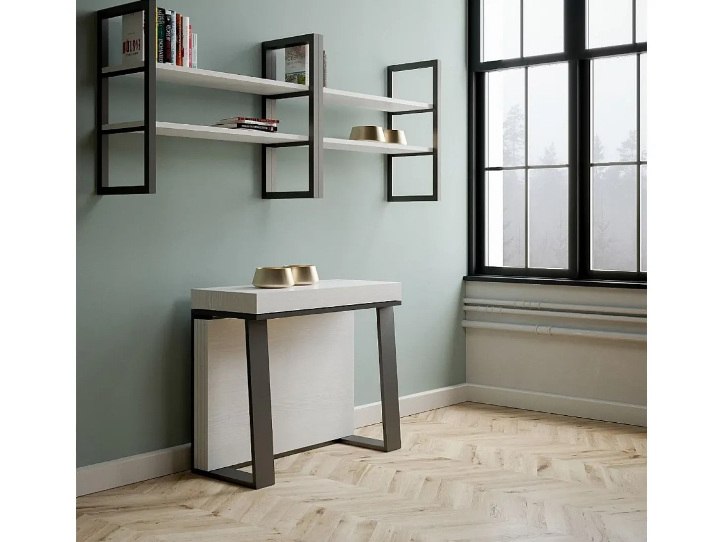 Mesa consola extensível 90x40/288 cm Asia Cinza Branca quadro Antracite