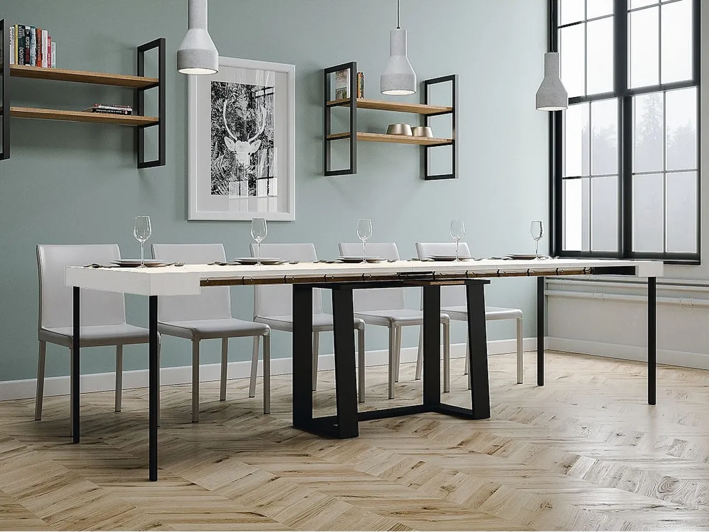 Mesa consola extensível 90x40/288 cm Asia Cinza Branca quadro Antracite