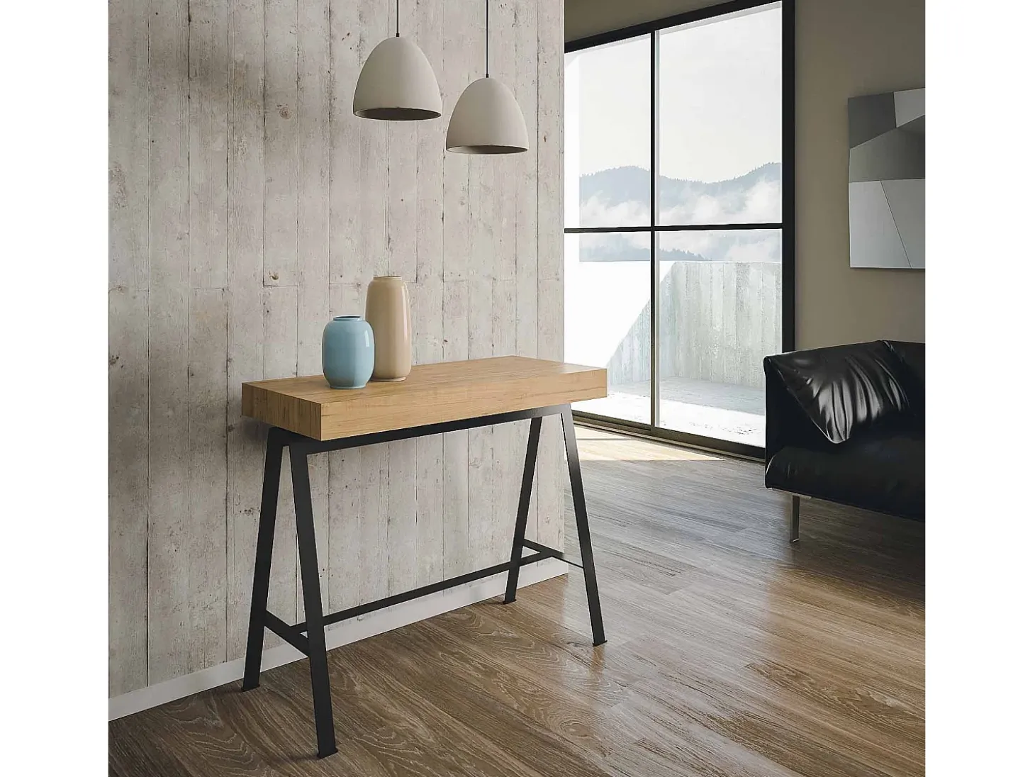 Mesa consola extensível 90x40/300 cm Banco Carvalho Natural quadro Antracite