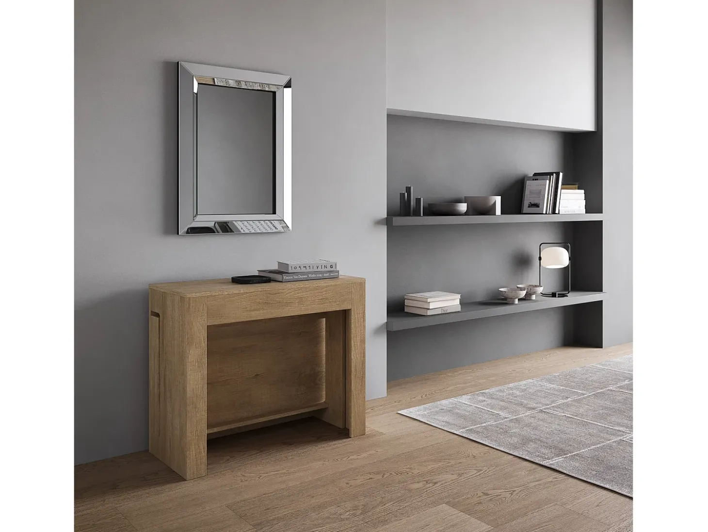 Mesa consola extensível 90x42/302 cm Evolve Carvalho Natural extensões internas