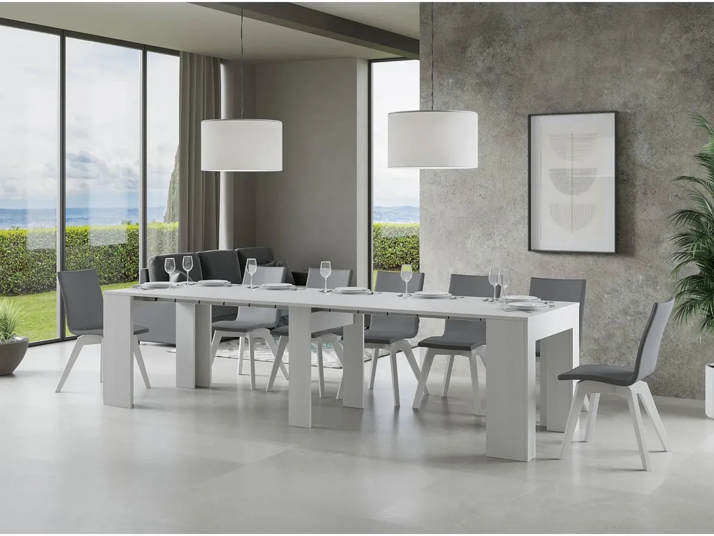 Mesa consola extensível 90x49/307 cm Extra Cinza Branca extensões internas