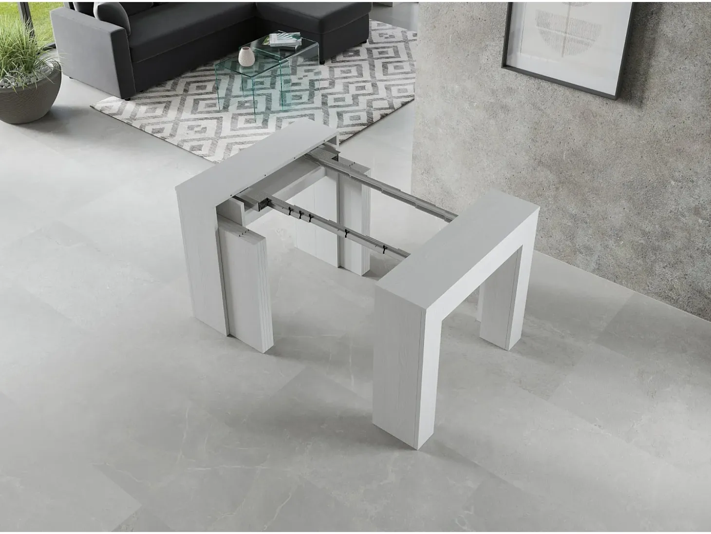 Mesa consola extensível 90x49/307 cm Extra Cinza Branca extensões internas