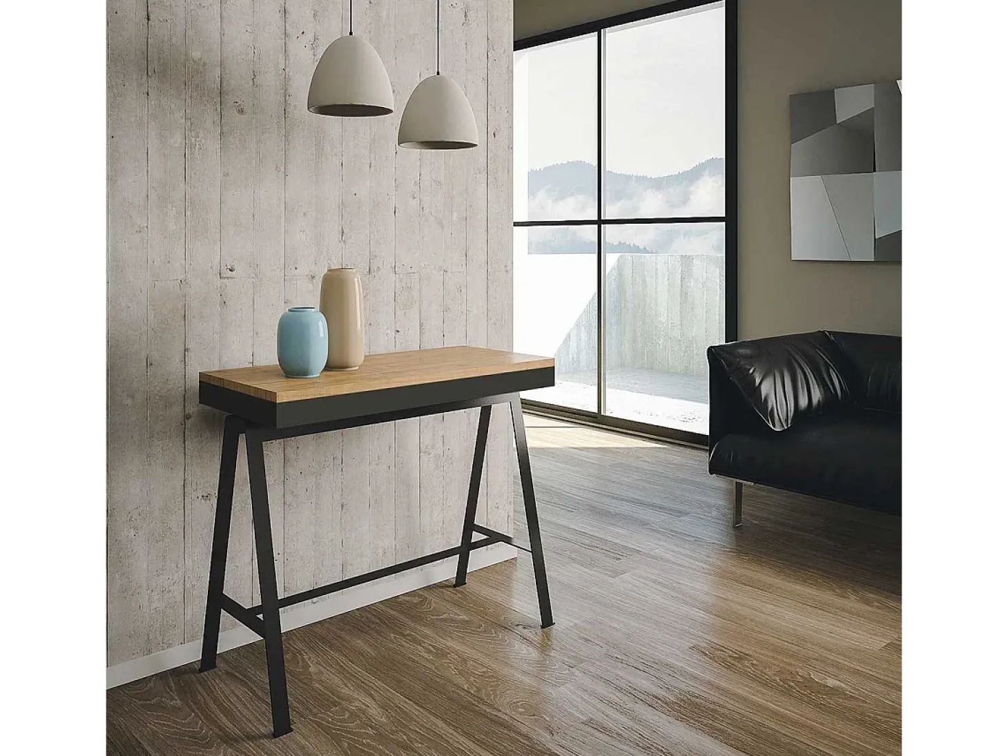 Mesa consola extensível 90x40/300 cm Banco Evolution Carvalho Natural quadro Antracite