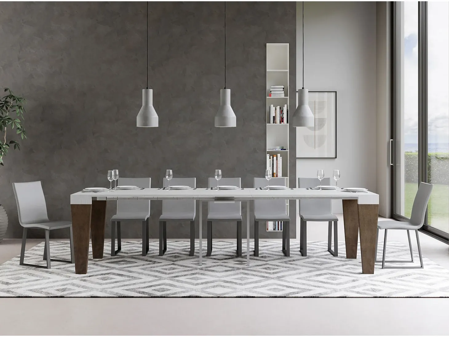 Mesa consola extensível 90x40/300 cm Spimbo Mix plano Cinza Branca - estrutura Nogueira