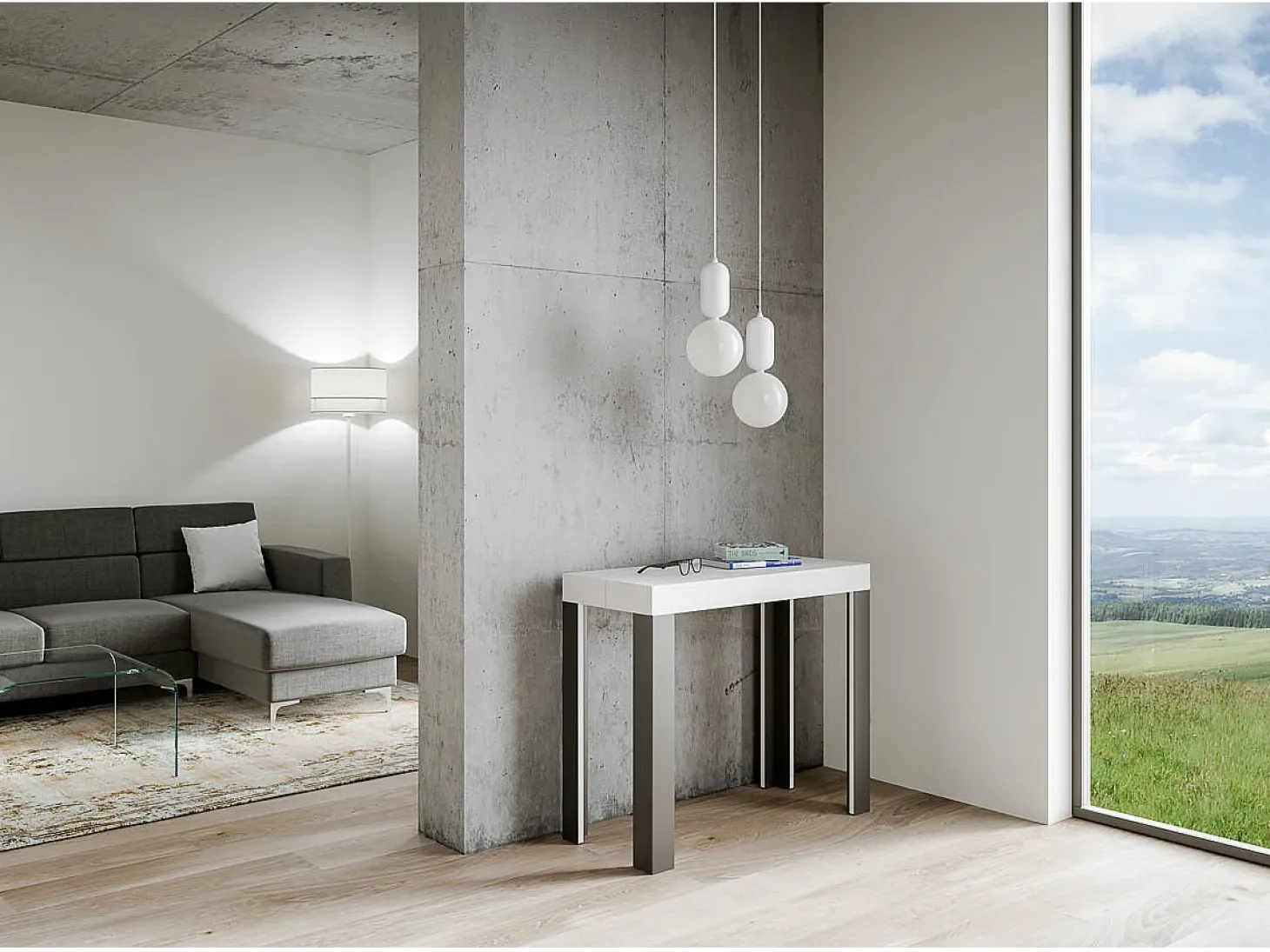 Mesa consola extensível 90x40/196 cm Linea Small Cinza Branca quadro Antracite
