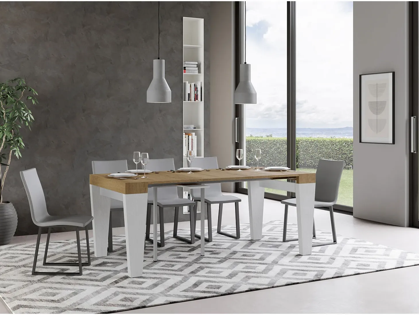 Mesa consola extensível 90x40/300 cm Spimbo Mix plano Carvalho Natural - estrutura Cinza Branca