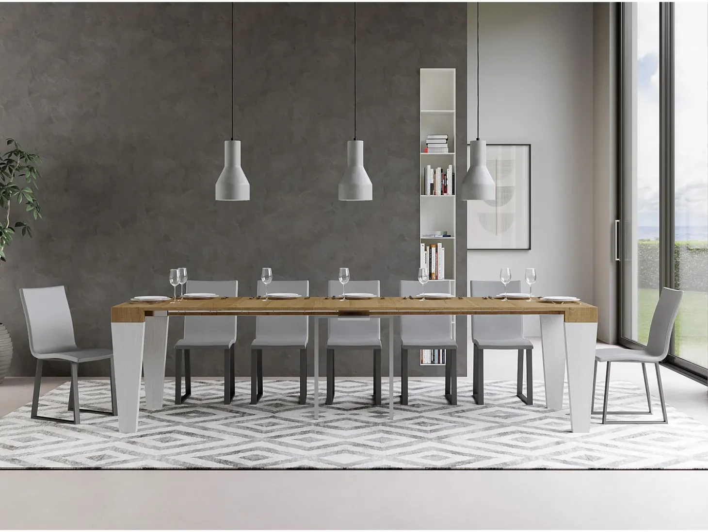 Mesa consola extensível 90x40/300 cm Spimbo Mix plano Carvalho Natural - estrutura Cinza Branca