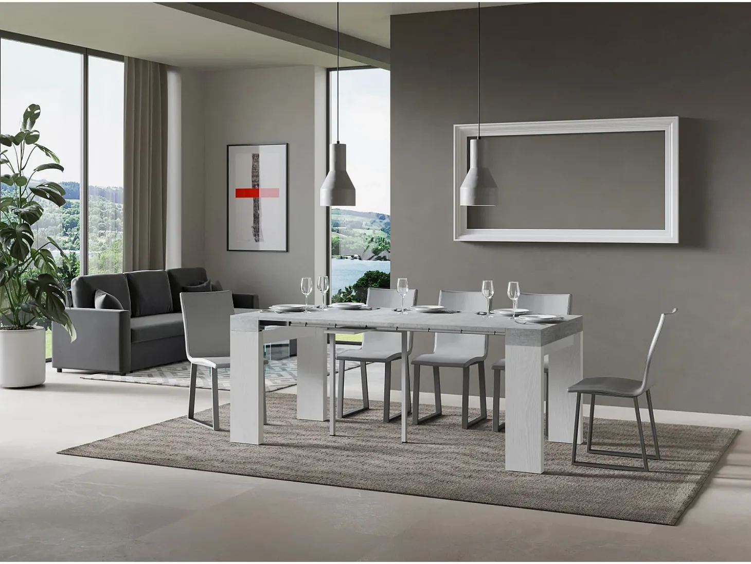 Mesa consola extensível 90x40/196 cm Roxell Mix Small plano Cimento - estrutura Cinza Branca