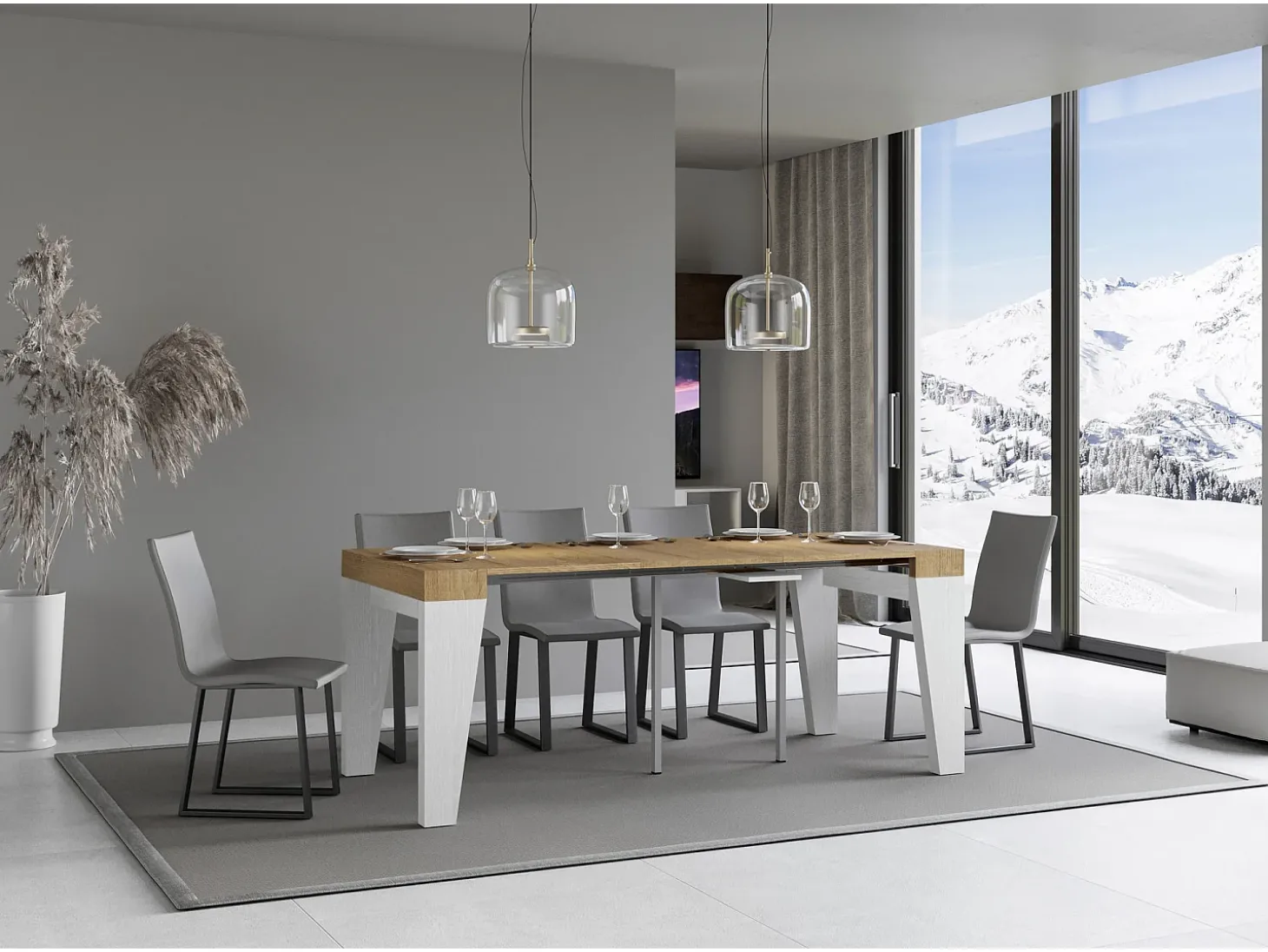 Mesa consola extensível 90x40/196 cm Naxy Mix Small plano Carvalho Natural - estrutura Cinza Branca