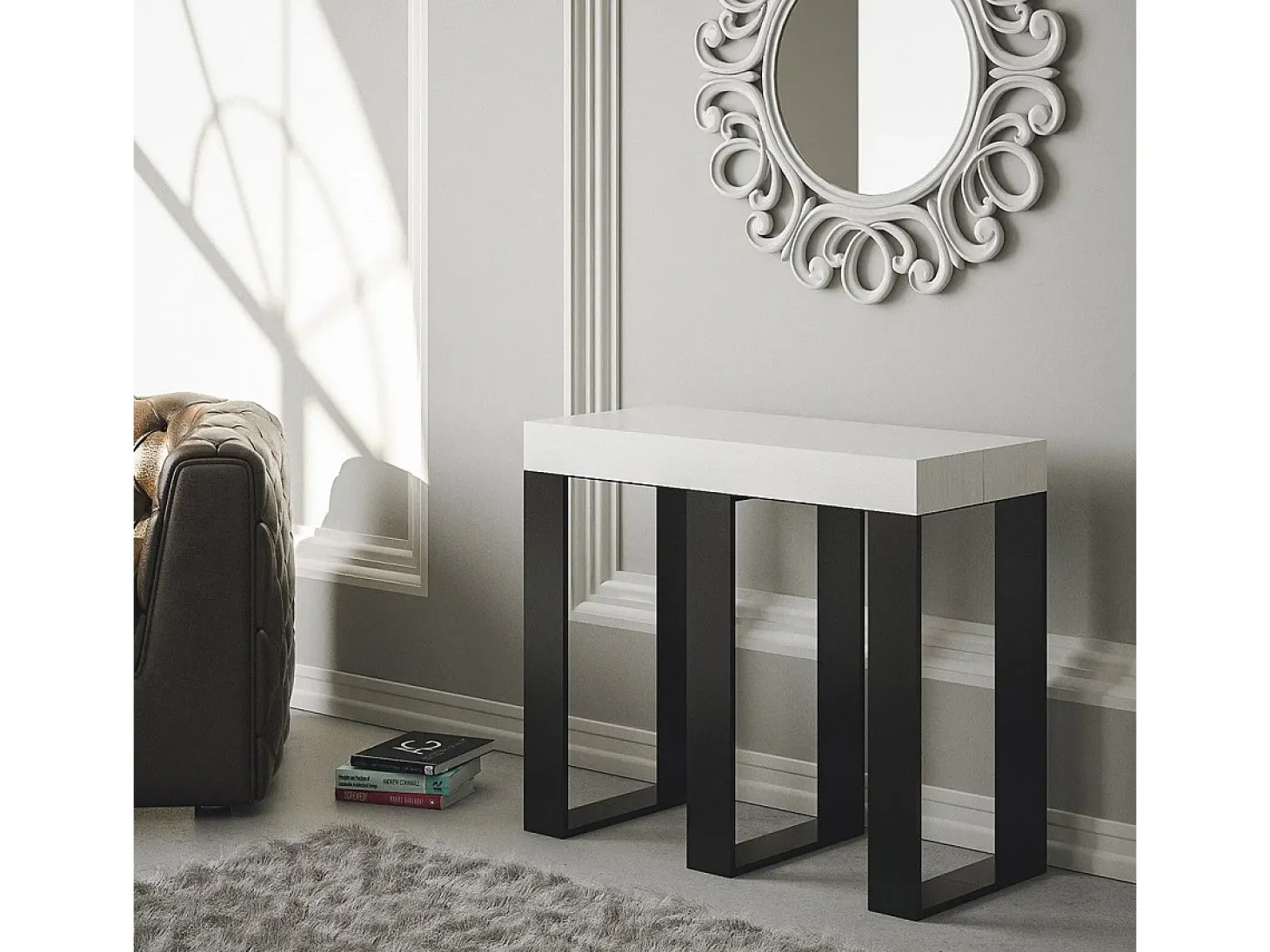 Mesa consola extensível 90x40/196 cm Sintesi Small Cinza Branca quadro Antracite