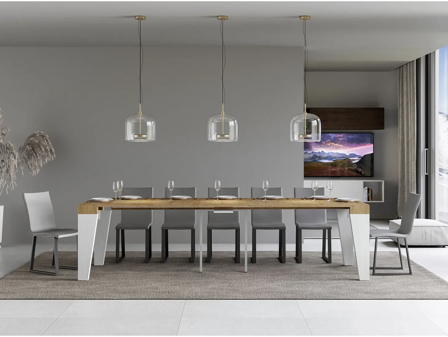 Mesa consola extensível 90x40/300 cm Naxy Mix plano Carvalho Natural - estrutura Cinza Branca