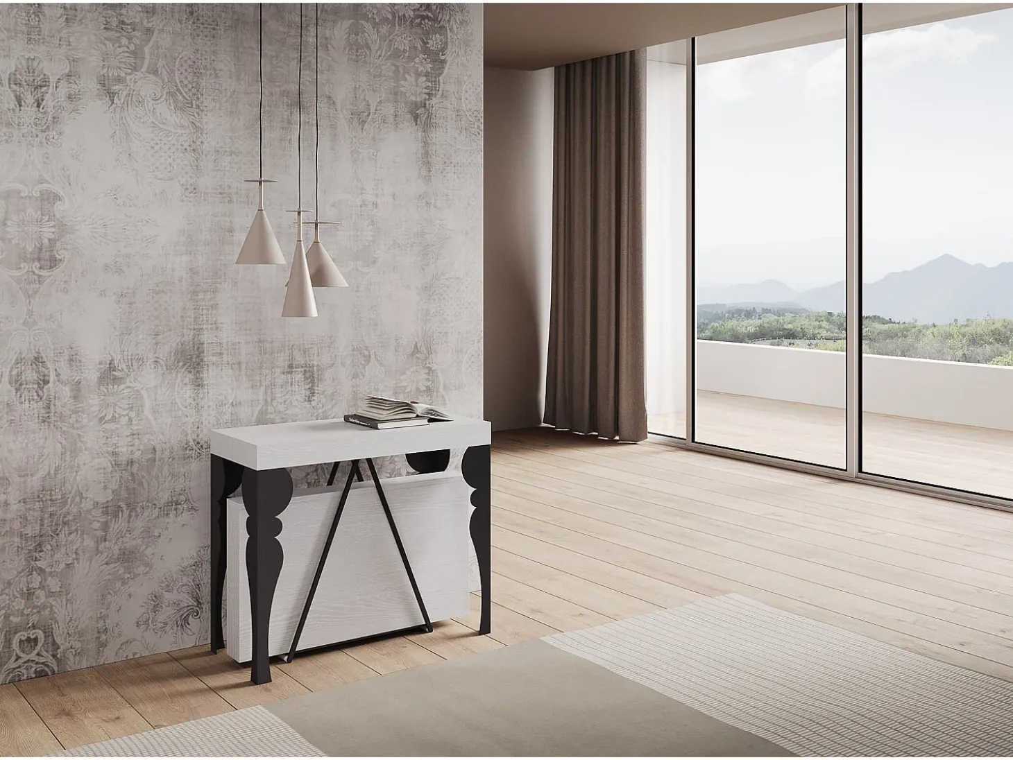 Mesa consola extensível 90x40/196 cm Riza Small cinza branca quadro antracite