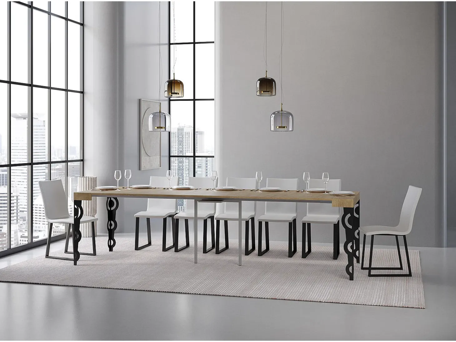 Mesa consola extensível 90x40/300 cm Karamay Carvalho Natural quadro Antracite