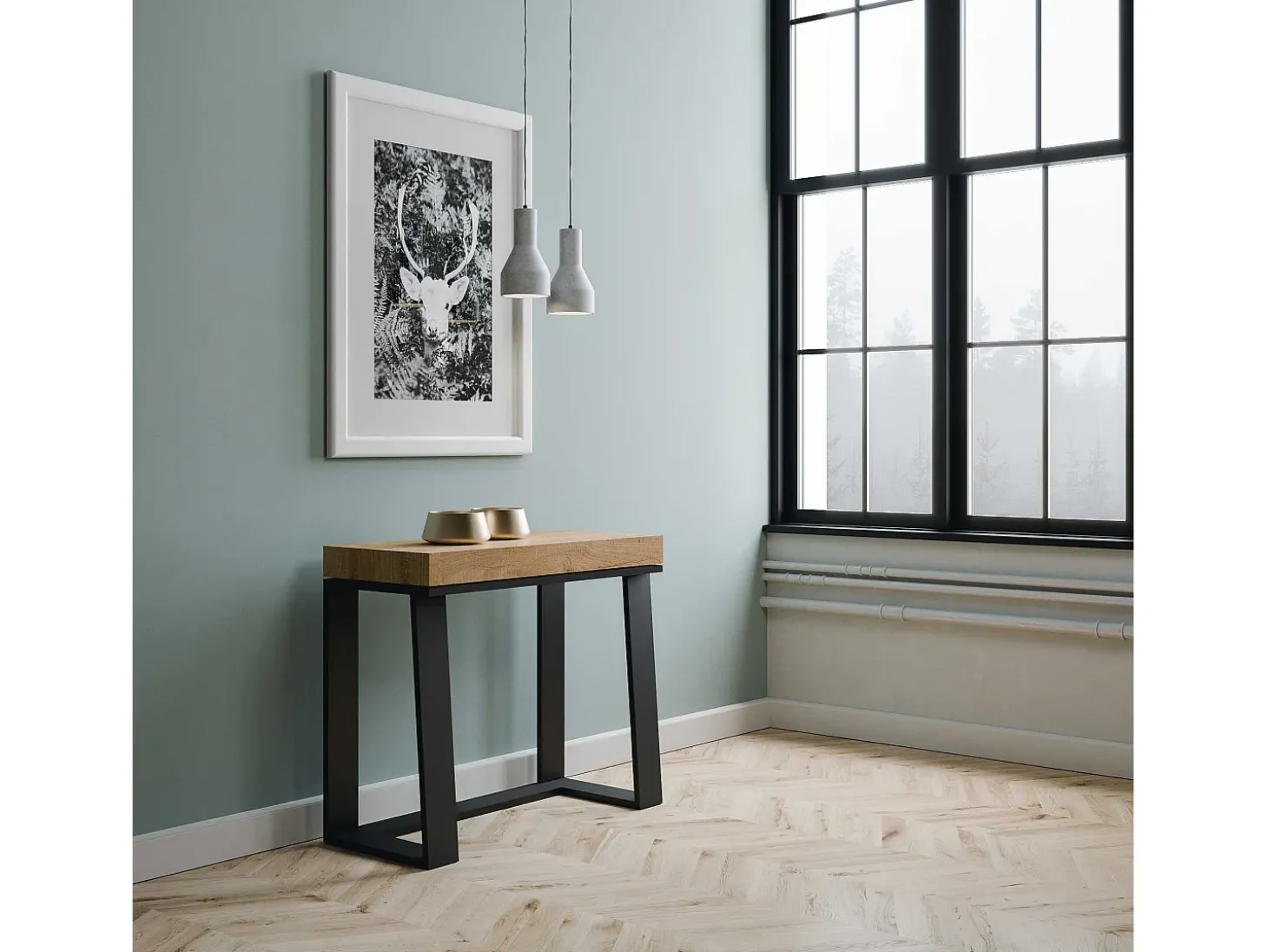Mesa consola extensível 90x40/288 cm Asia Carvalho Natural quadro Antracite