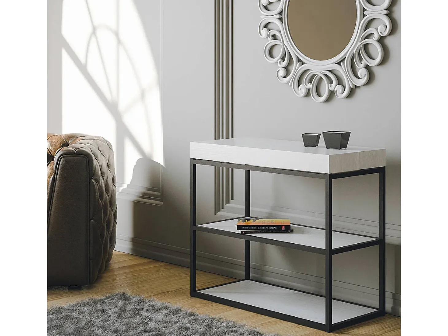 Mesa consola extensível 90x40/300 cm Plano Cinza Branca quadro Antracite