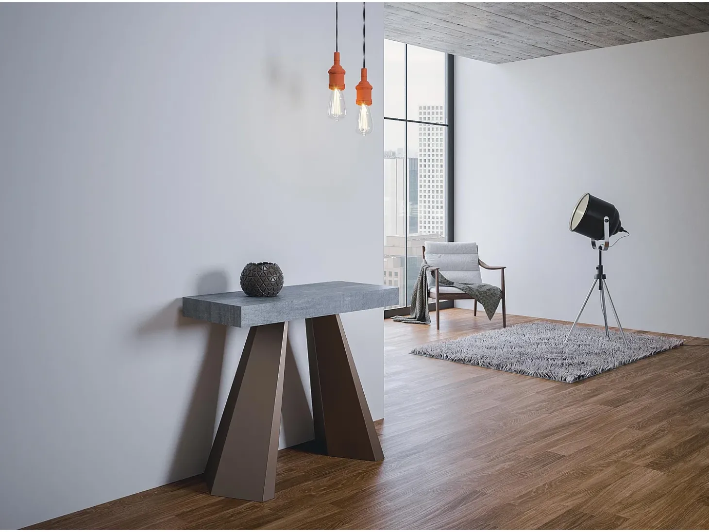 Mesa consola extensível 90x40/300 cm Diamante Cimento quadro Urso