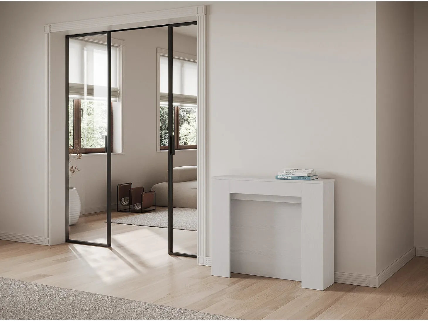 Mesa consola extensível 90x25/211 cm Kiba Cinza Branca extensões internas