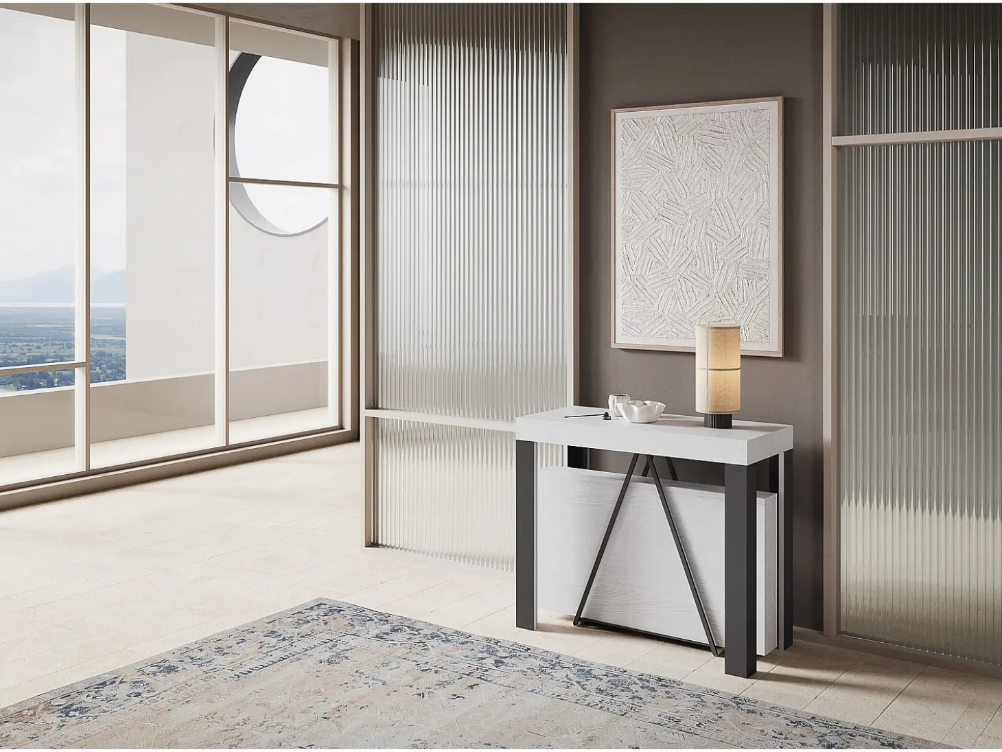 Mesa consola extensível 90x40/300 cm Tarax cinza branca quadro antracite