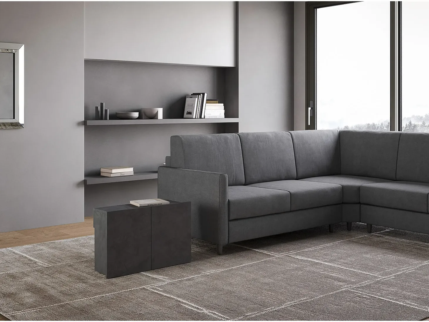 Mesa consola extensível 90x42/302 cm Evolve Antracite Espatulado extensões internas com banco inferior