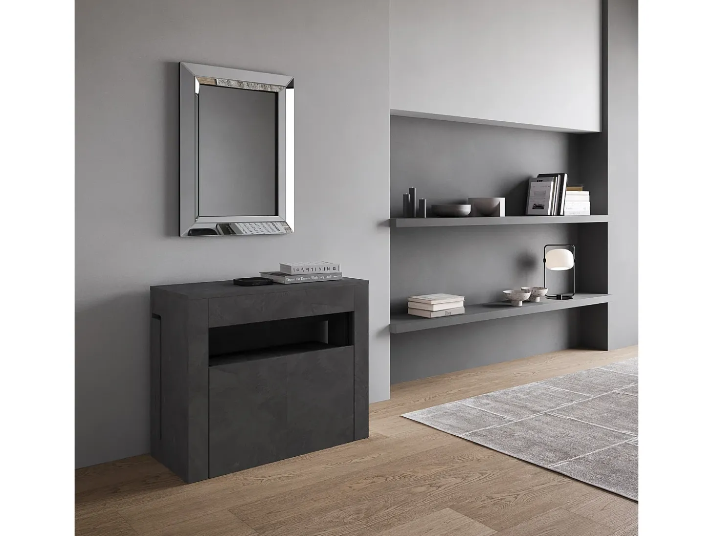 Mesa consola extensível 90x42/302 cm Evolve Antracite Espatulado extensões internas com banco inferior