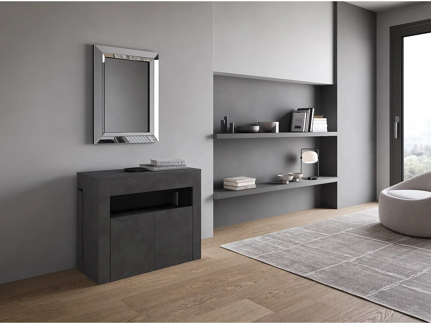 Mesa consola extensível 90x42/302 cm Evolve Antracite Espatulado extensões internas com banco inferior