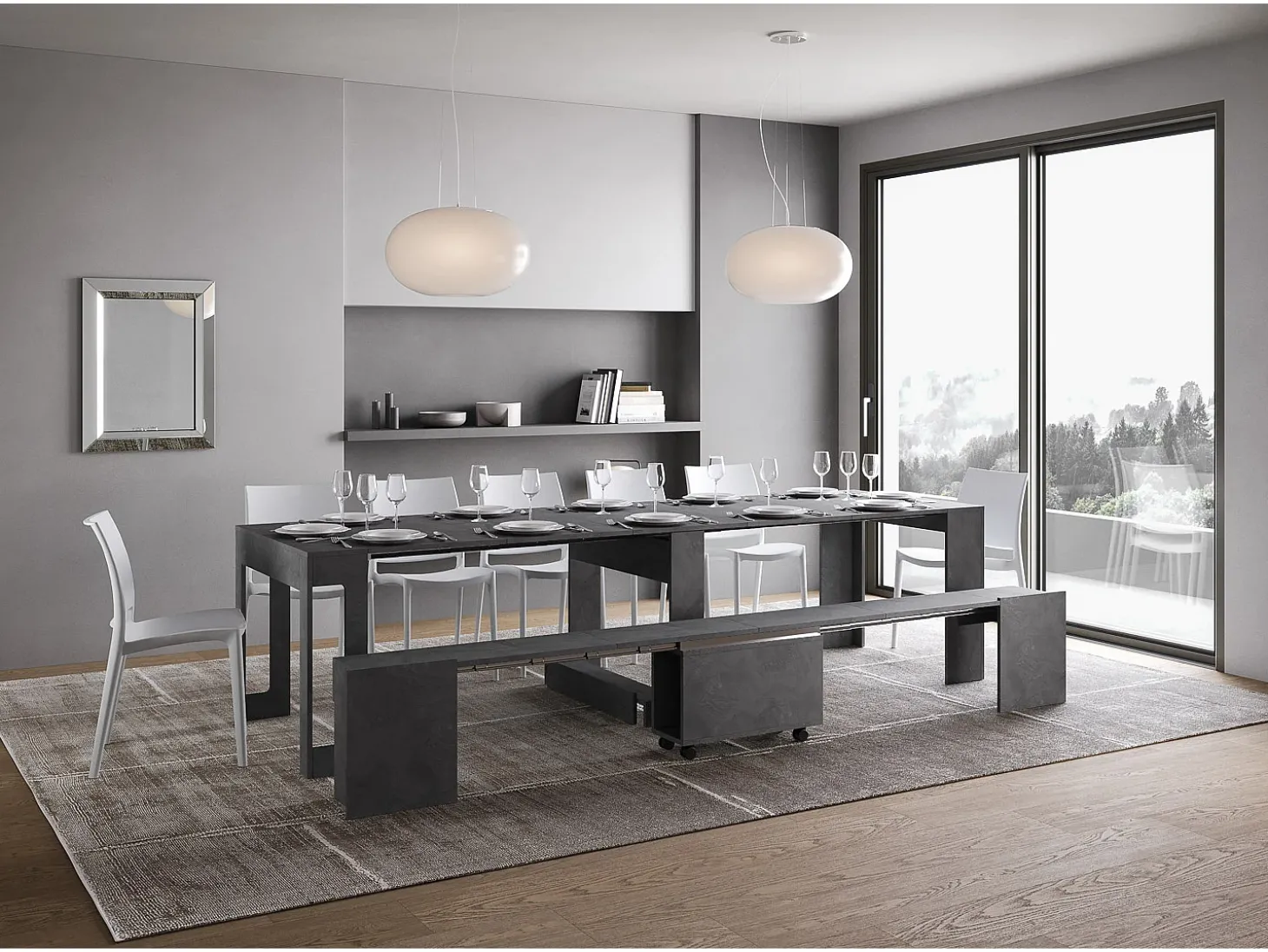 Mesa consola extensível 90x42/302 cm Evolve Antracite Espatulado extensões internas com banco inferior