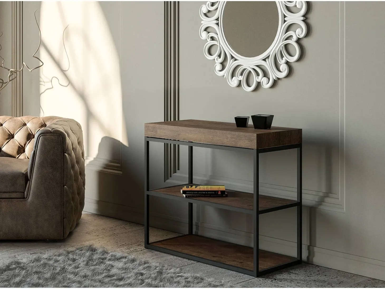Mesa consola extensível 90x40/300 cm Plano Nogueira quadro Antracite